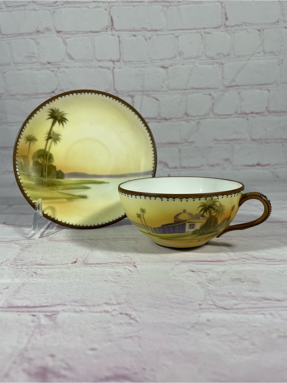 Antique Morimura Nippon Hand Painted Tropical Oasis Teacup and Saucer Set